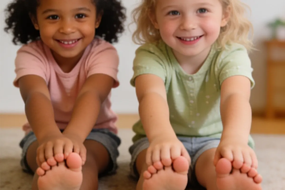Two preschoolers sit on the floor stretching to touch their toes, grinning.