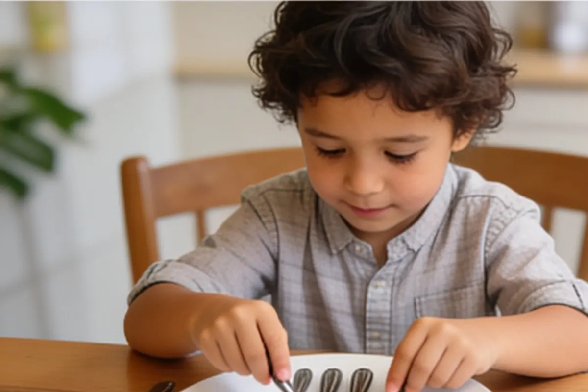 A 4-year-old carefully places forks on a stack of plates at the dinner table.