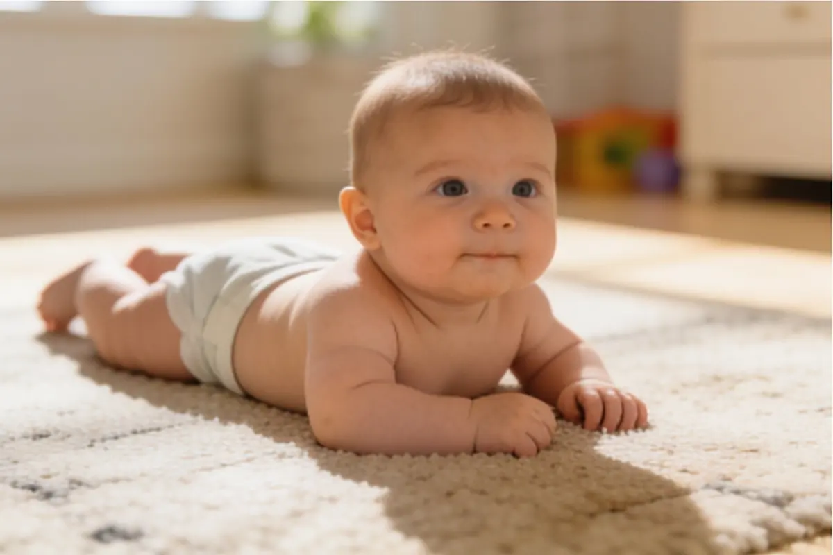 A baby who has rolled onto their tummy props up on their forearms on a rug.