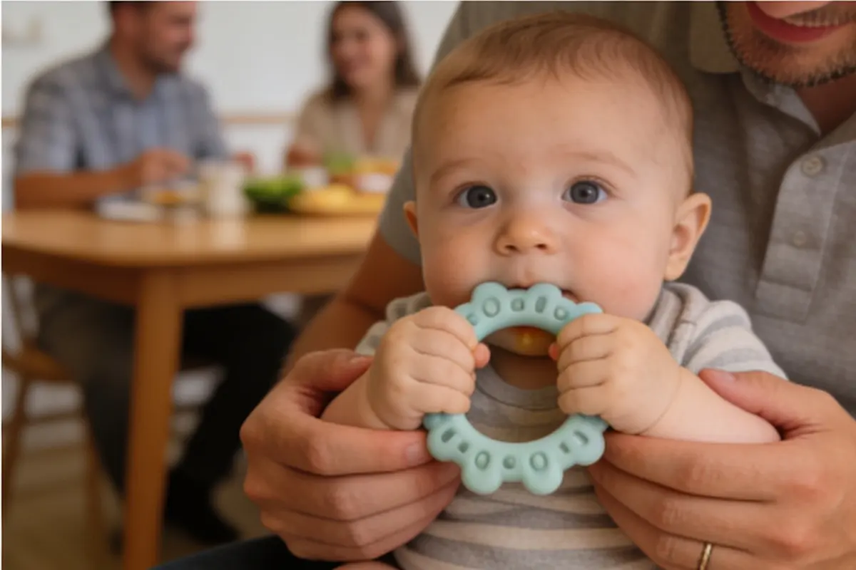 A baby on a parent's lap chews a silicone teething ring.
