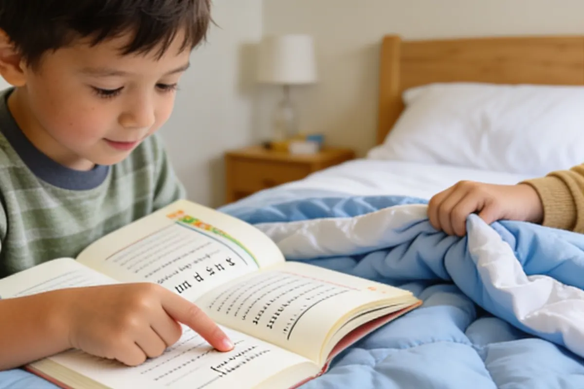 A 5-year-old follows a line of an early reader with their finger.