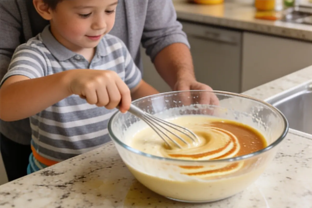 A 5-year-old whisks pancake batter in a big bowl as a parent helps.