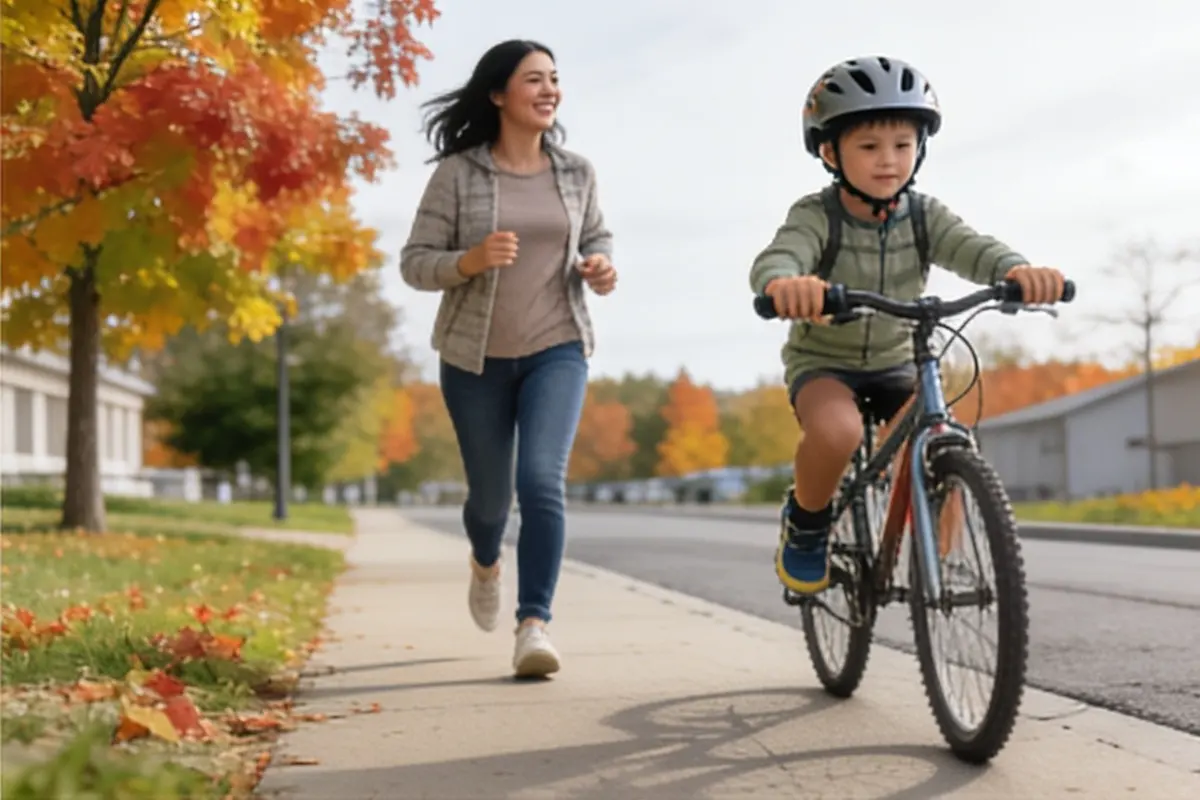 A parent jogs beside a 5-year-old riding a bike in a helmet on a fall sidewalk.
