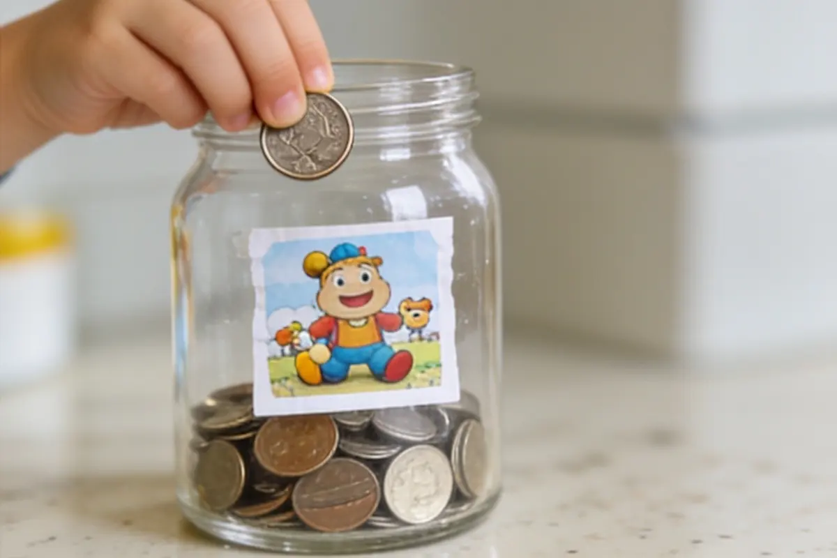 A child drops a coin into a clear jar with a picture of a toy taped on the front.