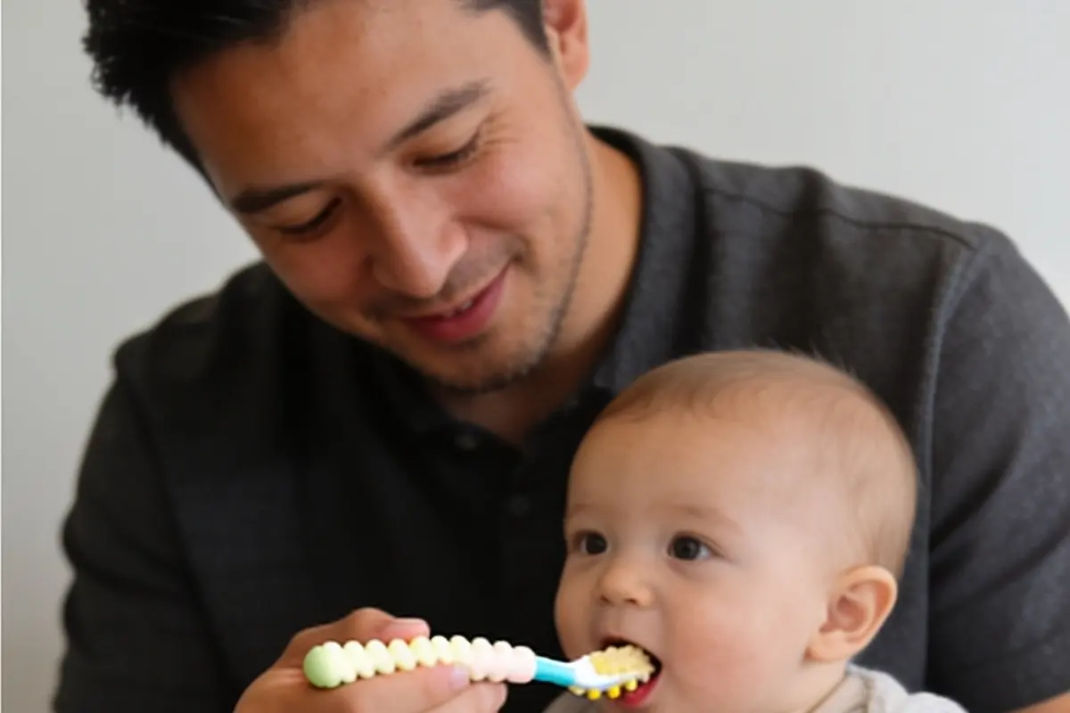 A baby sitting on a parent's lap takes a taste from a soft-tipped baby spoon.
