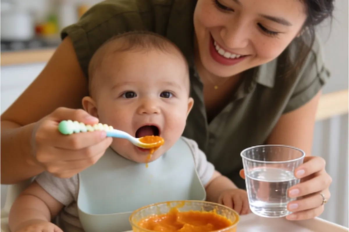 A parent spoon-feeds puree to a baby in a high chair, with a small cup of water nearby.
