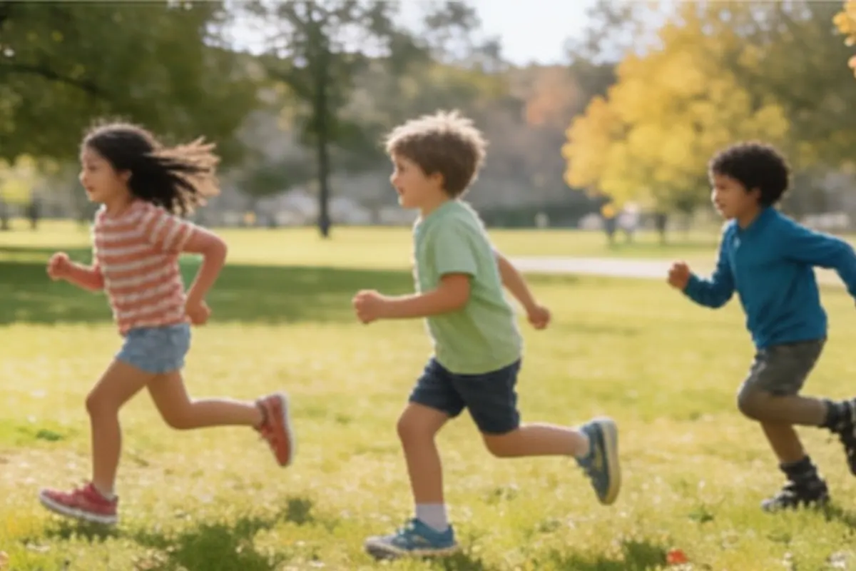 Three kids race across a sunny park playing tag.