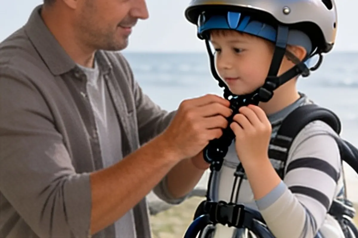 A parent adjusts the chin strap on a child's bike helmet.