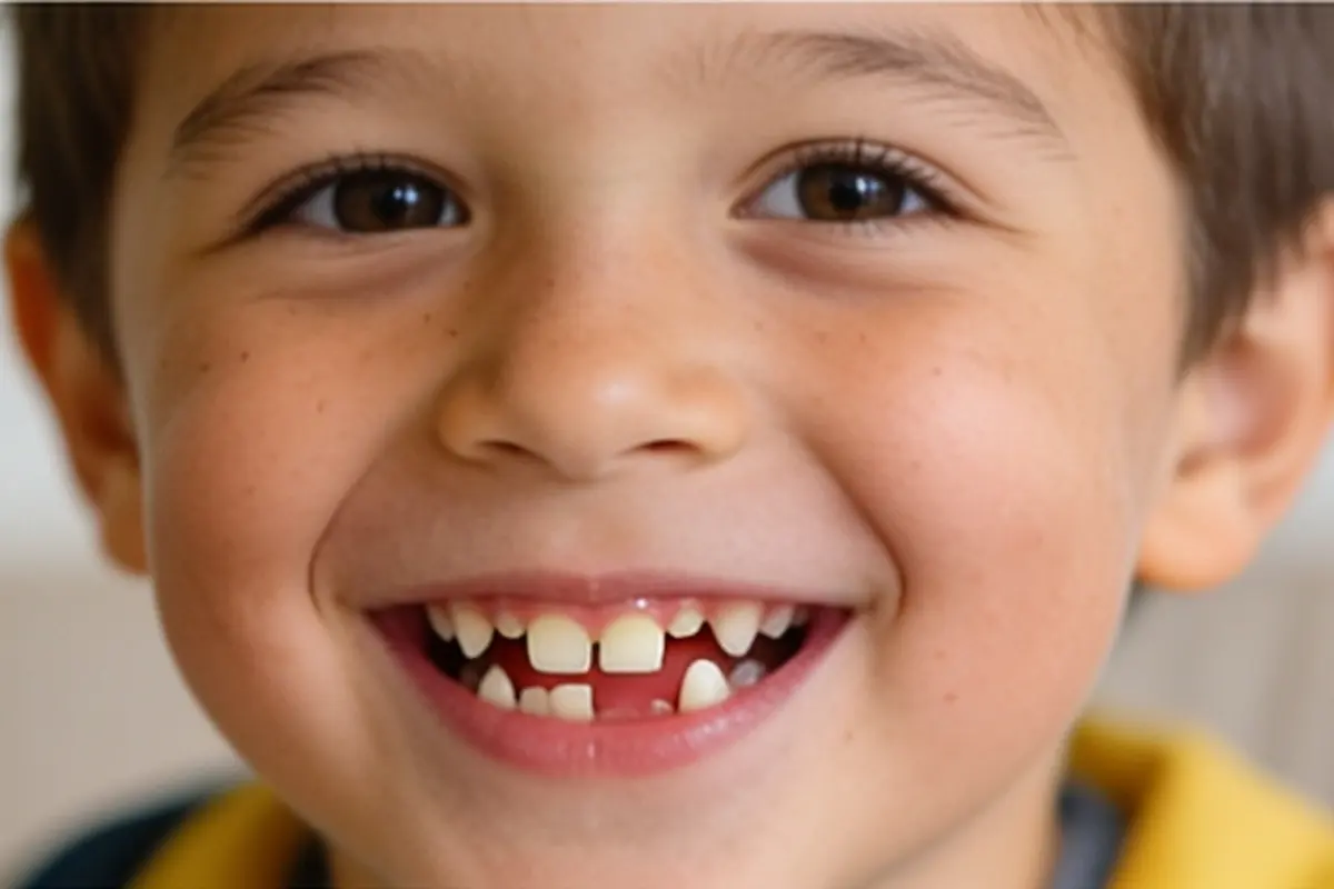 A 6-year-old grins to show a gap where a front tooth fell out.