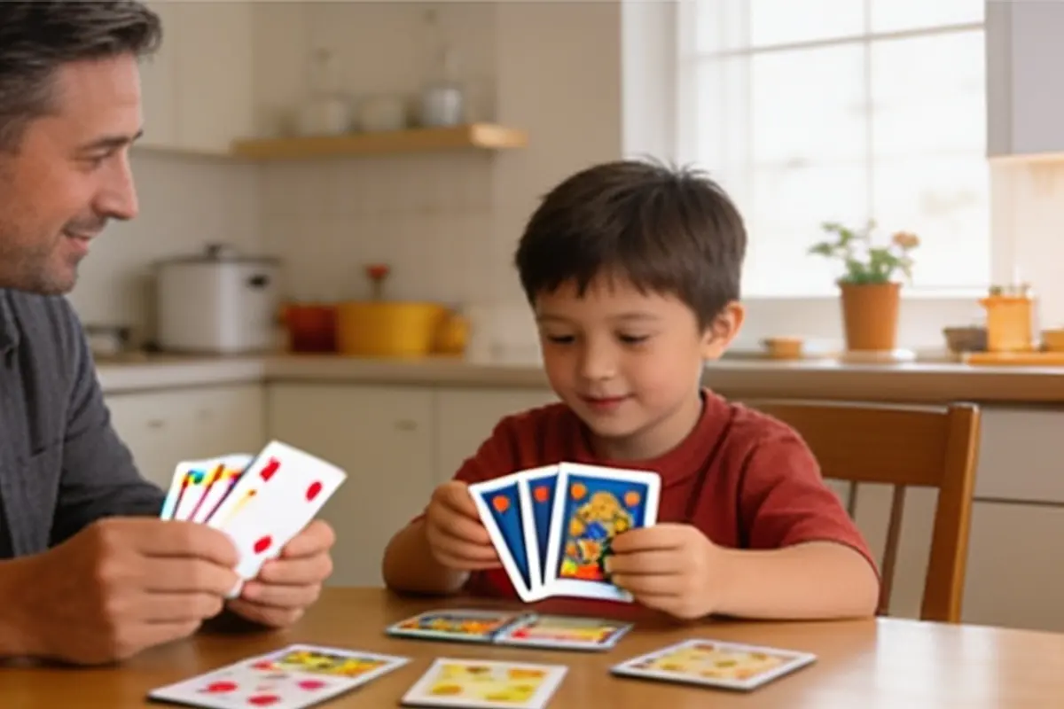 A parent and child play a card game at the kitchen table.