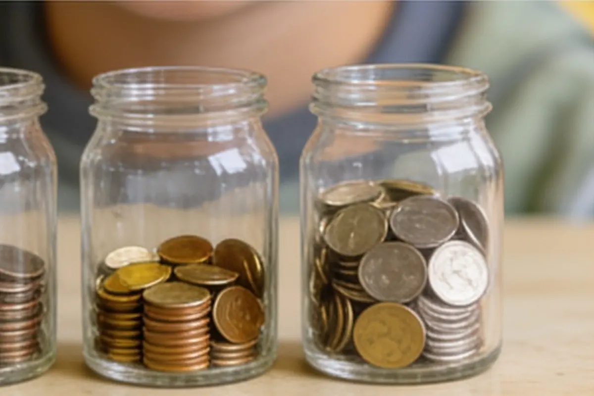 Three clear jars hold a child's coins for saving, spending, and sharing.