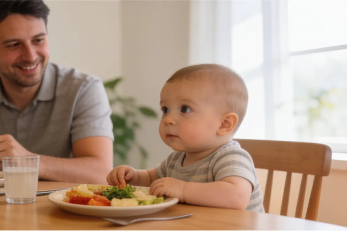 A baby sits at the family table beside a smiling parent.