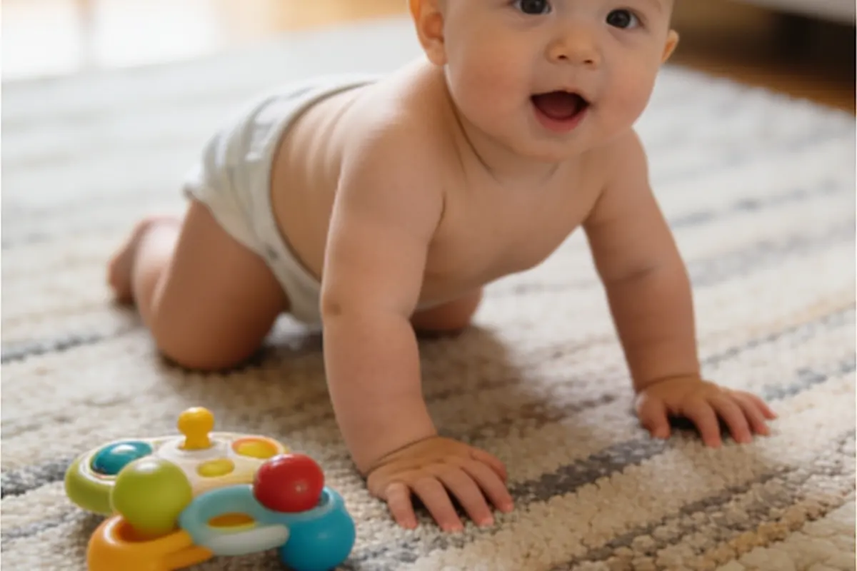 A baby on hands and knees gets ready to crawl across a rug.