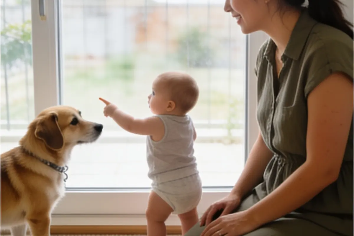 A standing baby points at the family dog while a parent kneels beside them.