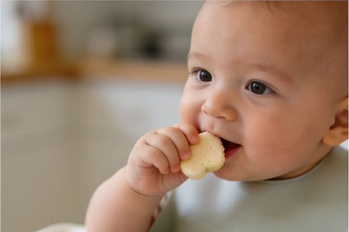 A baby in a high chair picks up and nibbles a soft puff.