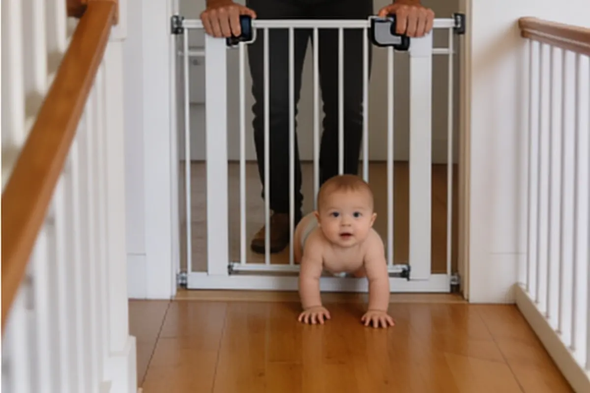 A parent closes a baby gate at the top of the stairs while their crawling baby looks on.