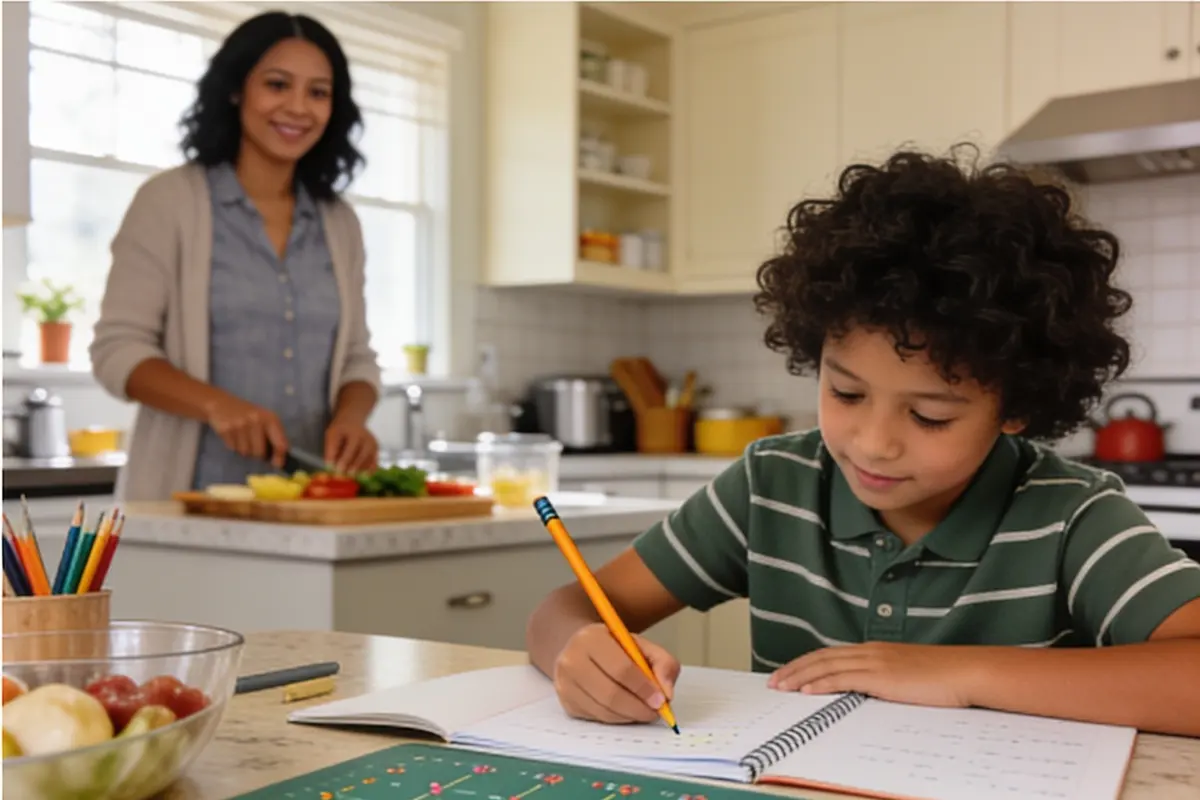 A child works through math homework at the kitchen table while a parent cooks nearby.