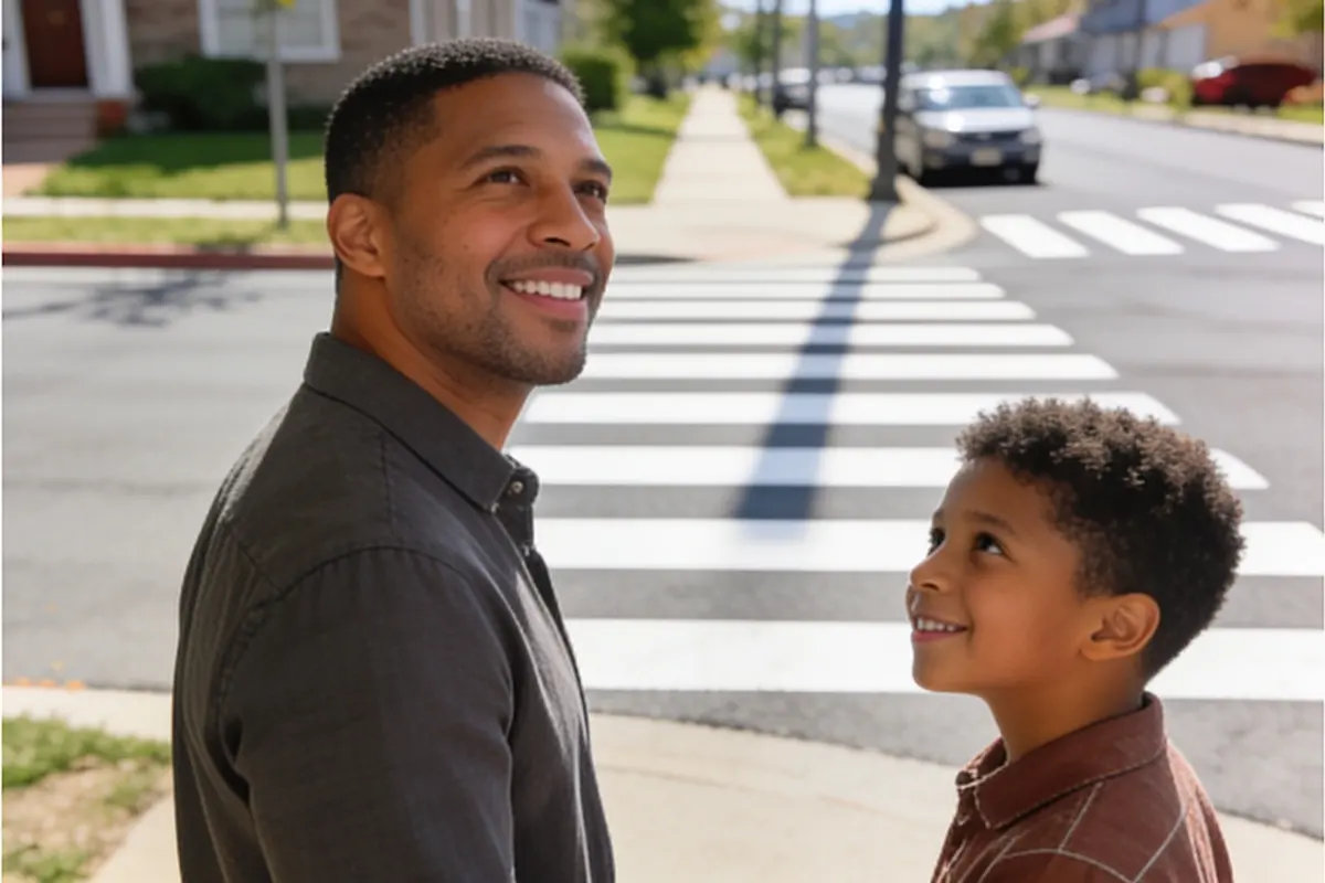 A parent and child pause together at a neighborhood crosswalk.