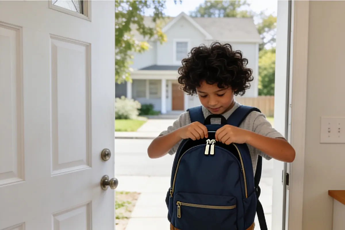 A child zips up their own school backpack by the front door.
