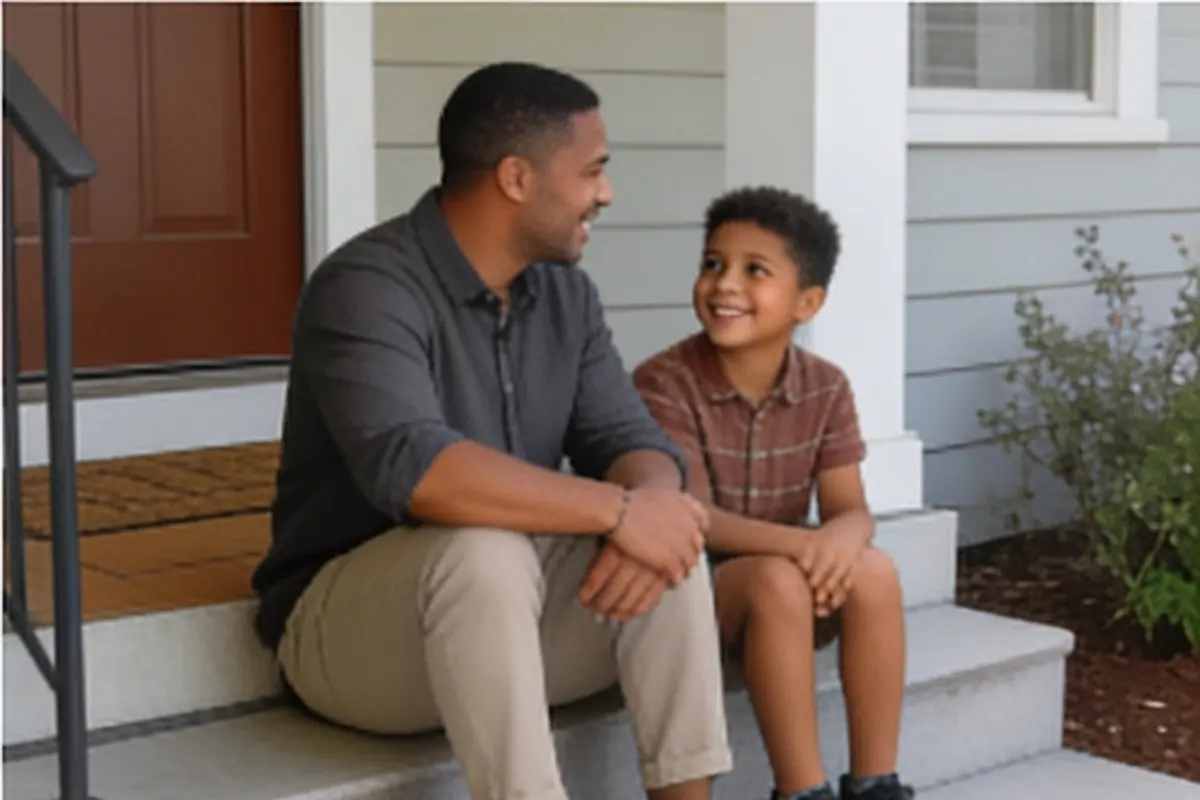 A parent and child sit side by side on the porch steps, talking.