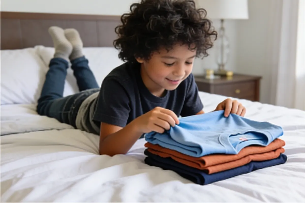 A child folds T-shirts into a neat stack on their bed.