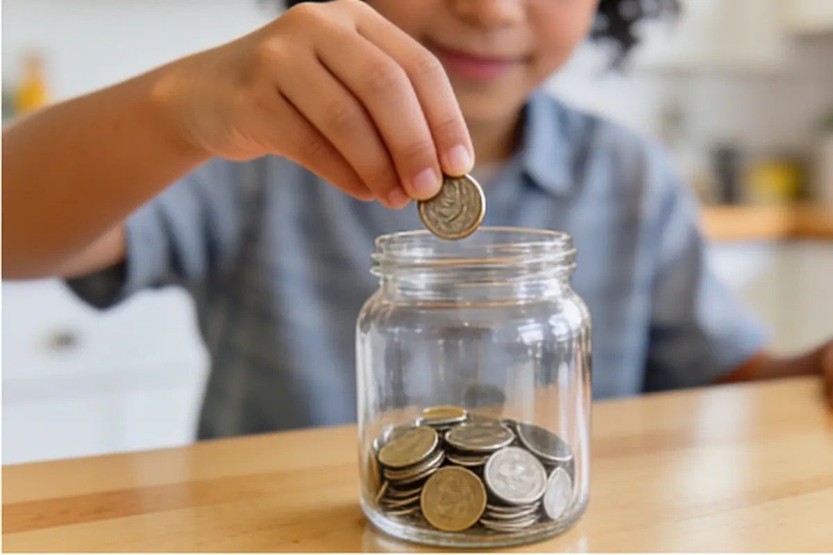 A child drops a coin into a glass savings jar on the kitchen table.