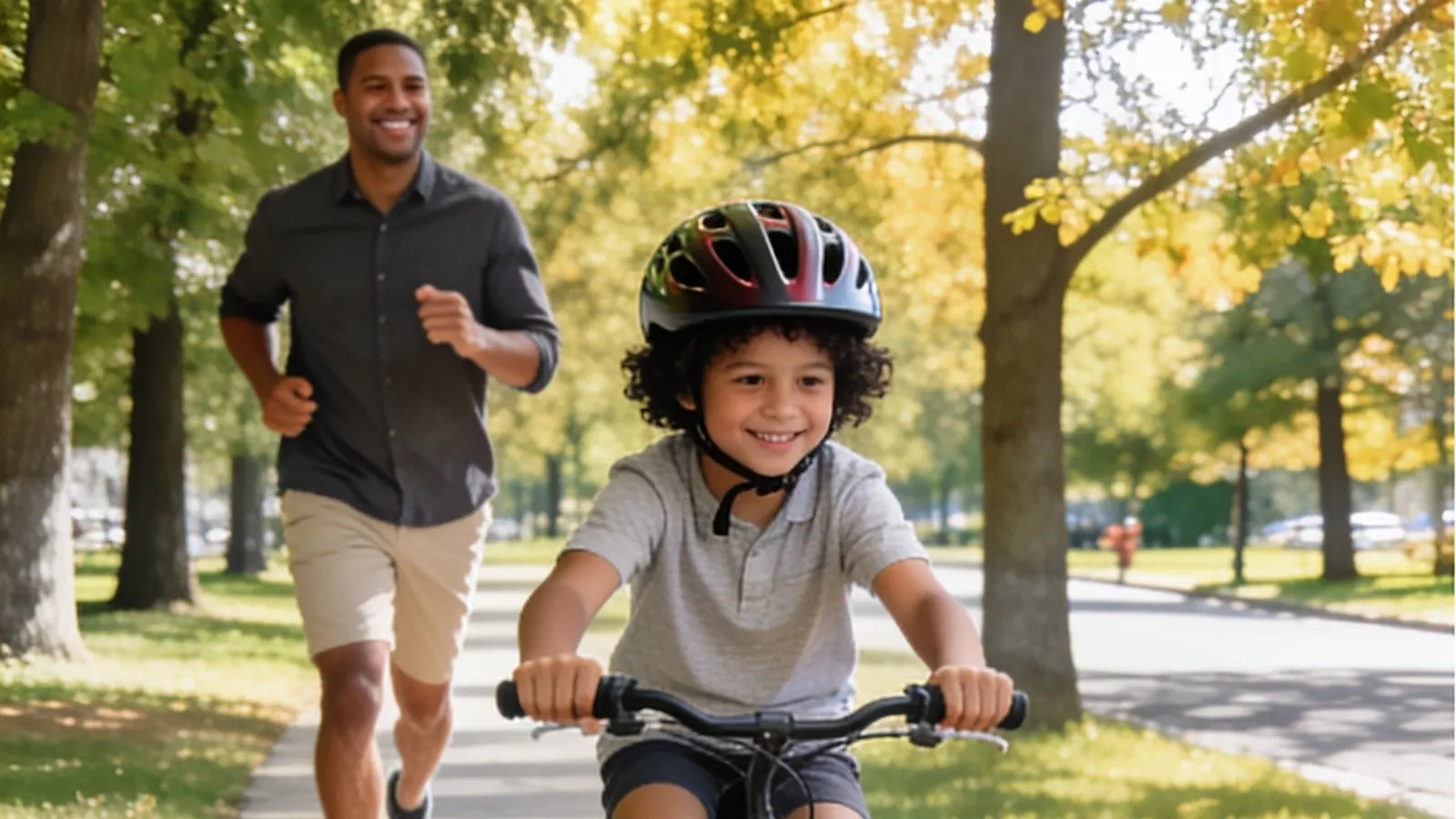 A 7-year-old in a helmet rides a bike down a sunny park path as a parent jogs behind.