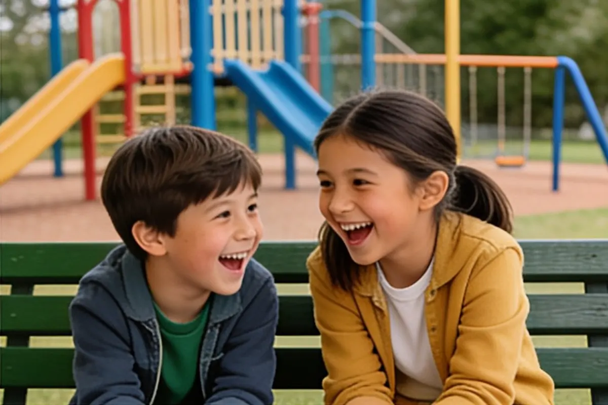 Two 8-year-old friends laugh together on a playground bench.