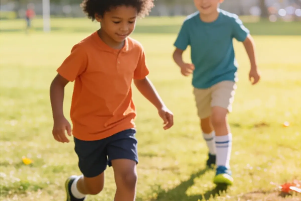 Two kids chase a soccer ball across a sunny field.