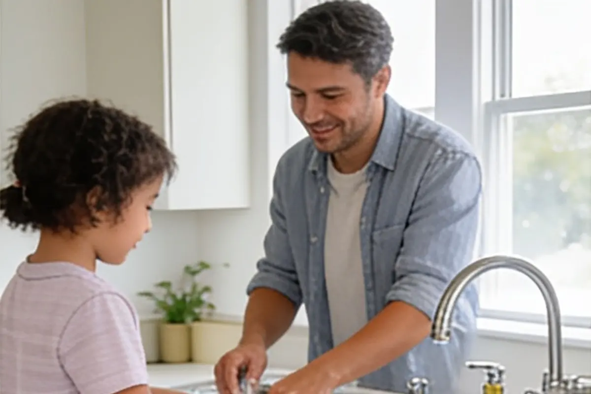 A parent and child wash dishes together at the kitchen sink.