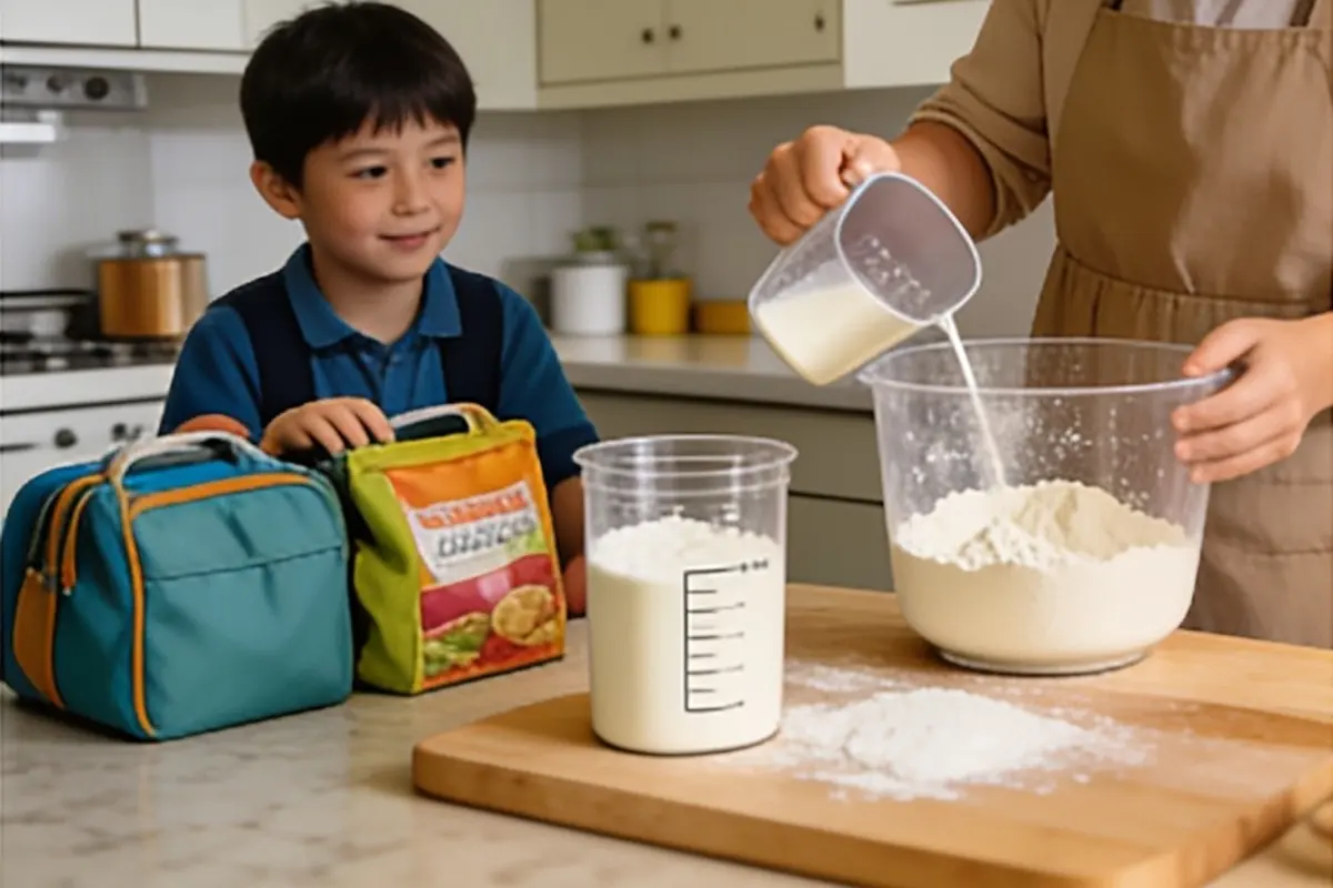 A 9-year-old packs lunch bags at the kitchen counter while a parent bakes nearby.
