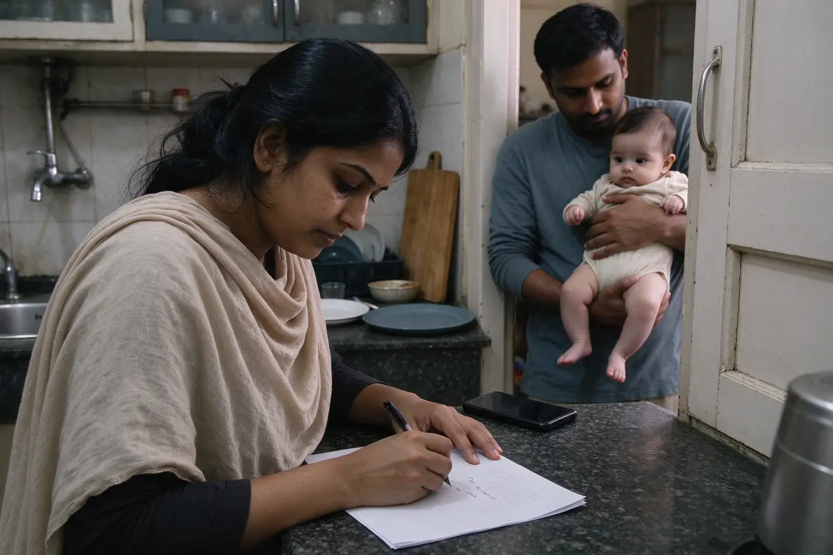 The mother alone at the kitchen counter afterward, phone face-down, writing two lines on the back of the list, the father visible through the doorway holding the baby.