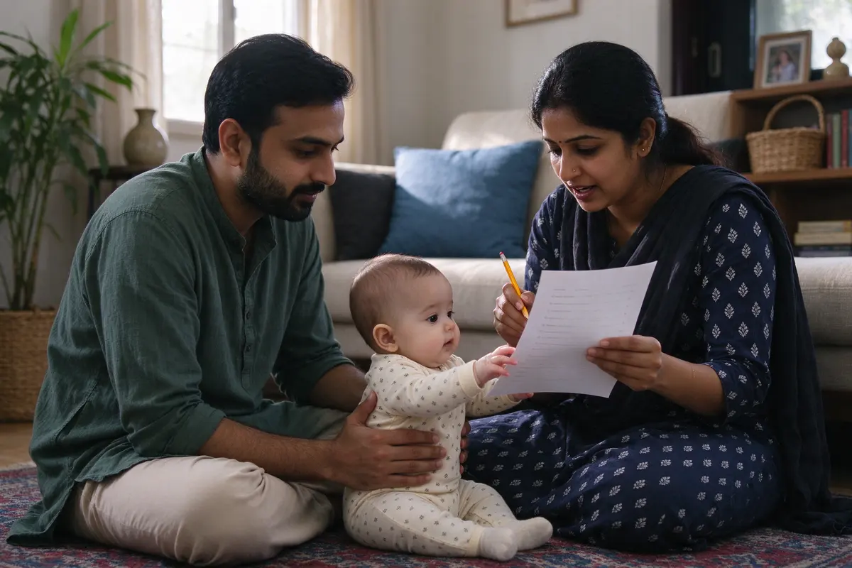 The mother reading a printed list aloud with a pencil in hand while the father, cross-legged on the rug, steadies the baby, who is reaching for the paper.