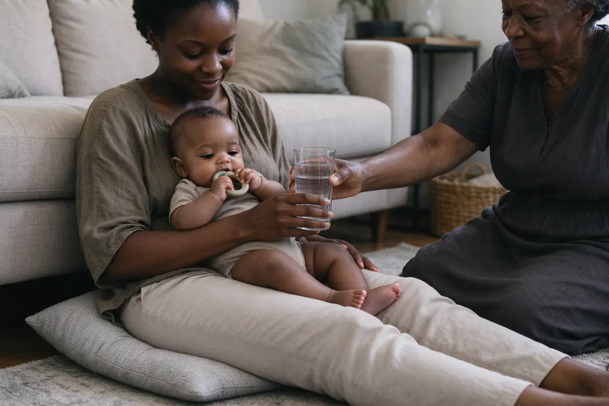 The mother sitting on a floor cushion with her back against the sofa, legs stretched out, the baby on her lap chewing a ring, the grandmother handing her a glass of water.