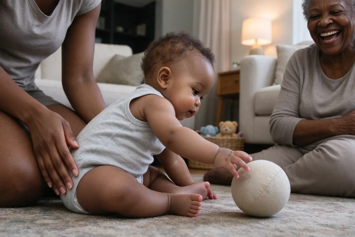 The baby sitting on a rug leaning far to one side toward a soft ball just past the knees, the mother's hands open at the baby's hips, the grandmother laughing from the sofa.
