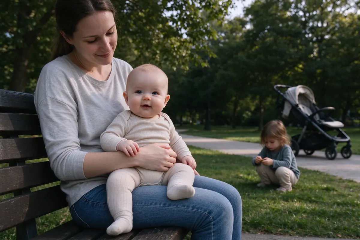 The mother on a park bench in afternoon light with the baby on her lap and the sibling on the grass, another parent's stroller passing on the path.
