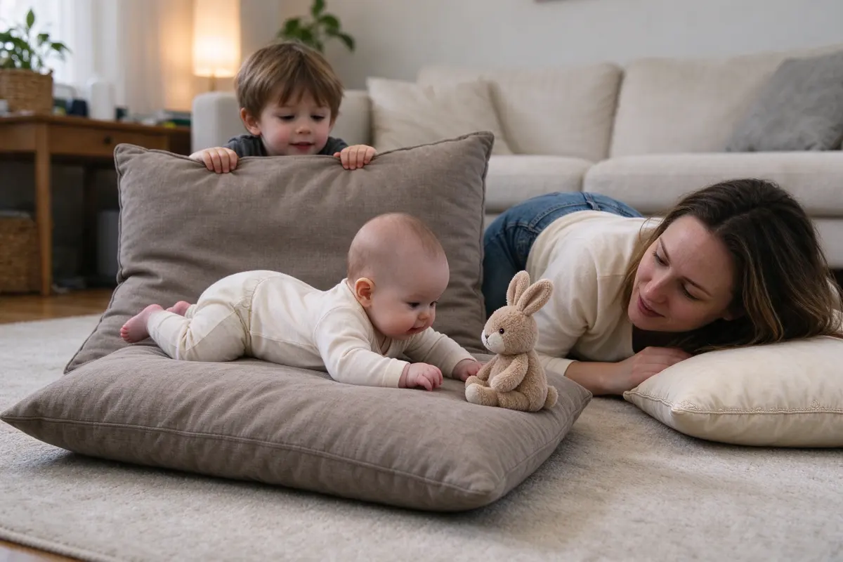 Two sofa cushions and a pillow in a low path across the rug, the baby belly-down scooting over the first toward a stuffed rabbit, the mother right beside, the sibling peeking over the far cushion.