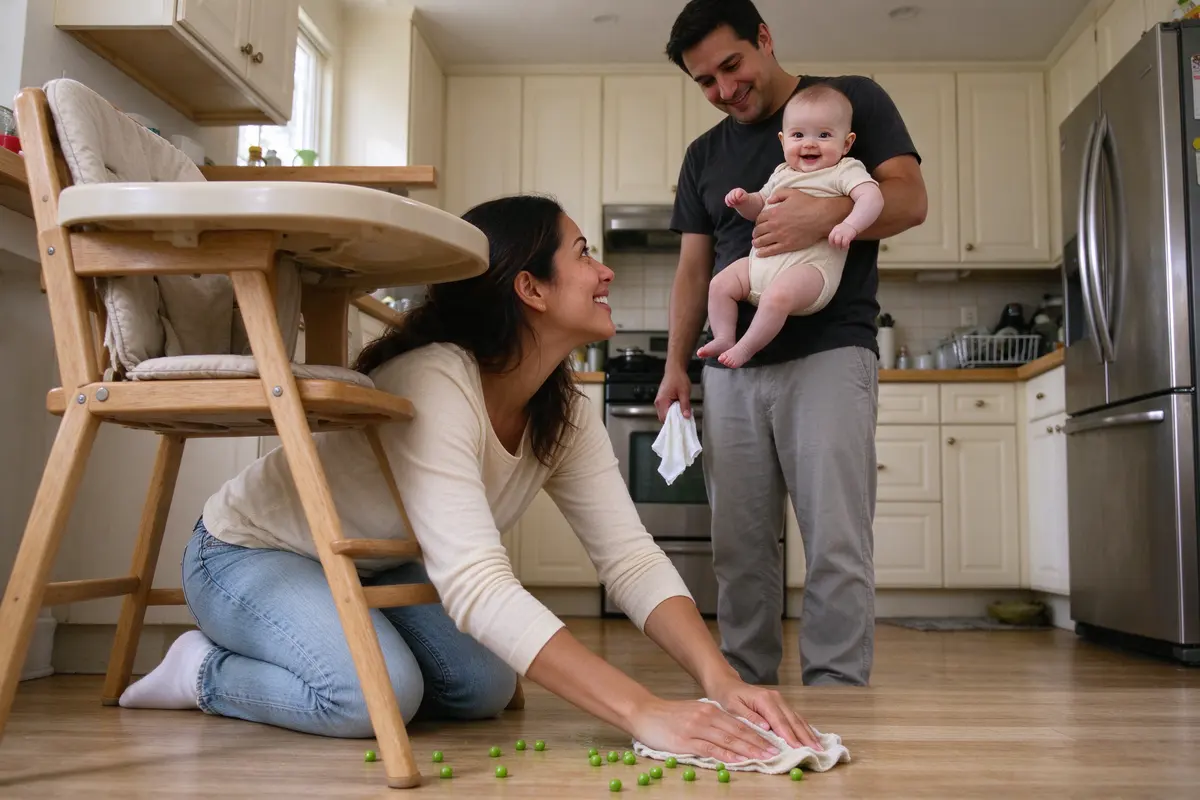The mother on her knees wiping peas off the kitchen floor under the high chair, smiling up at the father, who holds the baby on his hip with a wet washcloth.