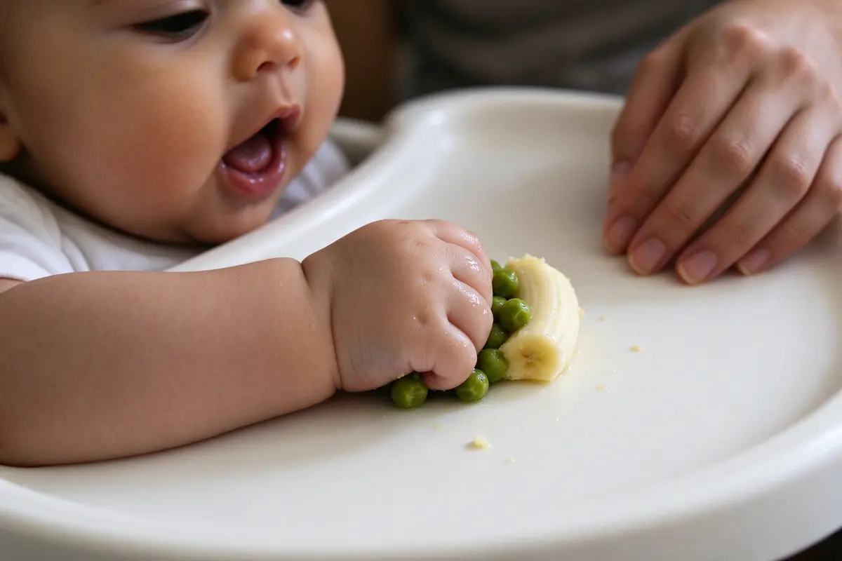 Close on the high-chair tray: the baby's fist closed around a few peas and a soft banana piece, mouth open toward it, the mother's hand on the tray edge, nothing larger than a fingertip.