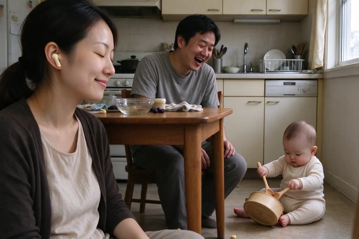 The mother at the kitchen table with her eyes closed and a small smile, one foam earplug in, the baby on the floor beside her banging a wooden spoon on an upturned pot, the father laughing.