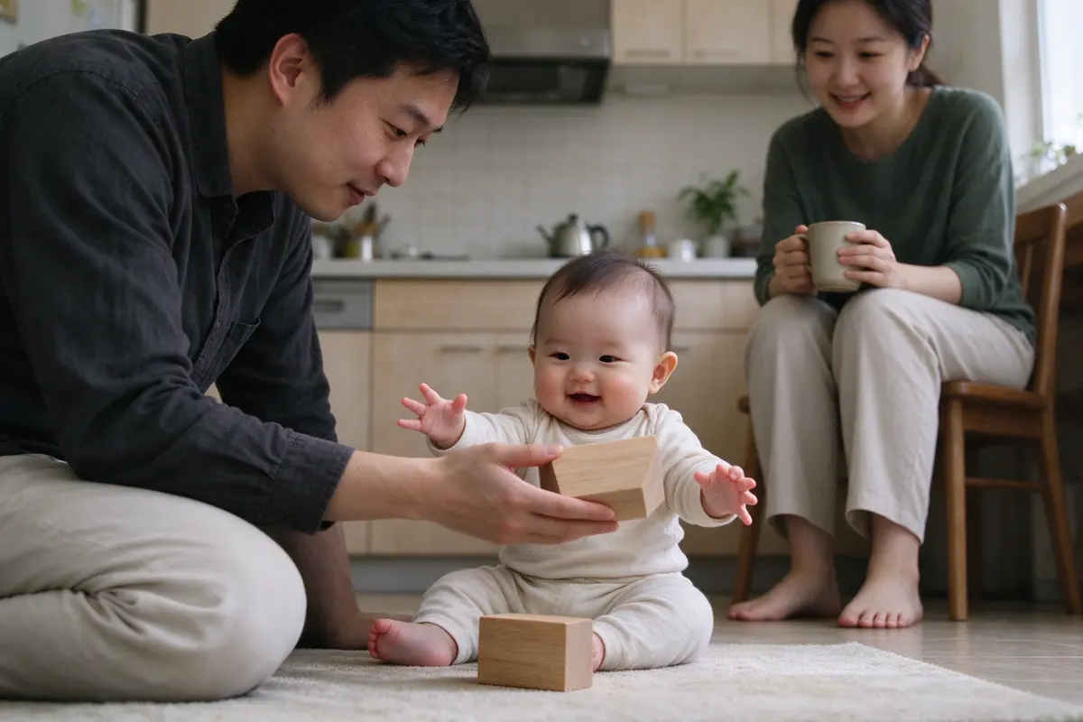 The father holding out a second large block toward the baby's full hand, the baby mid-pass with the first block crossing to the other hand, the mother watching from a kitchen chair with a mug.