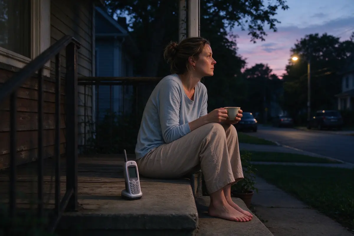 The mother alone on the porch step at dusk with a cup of tea, the baby monitor beside her, looking out at the street and saying nothing.