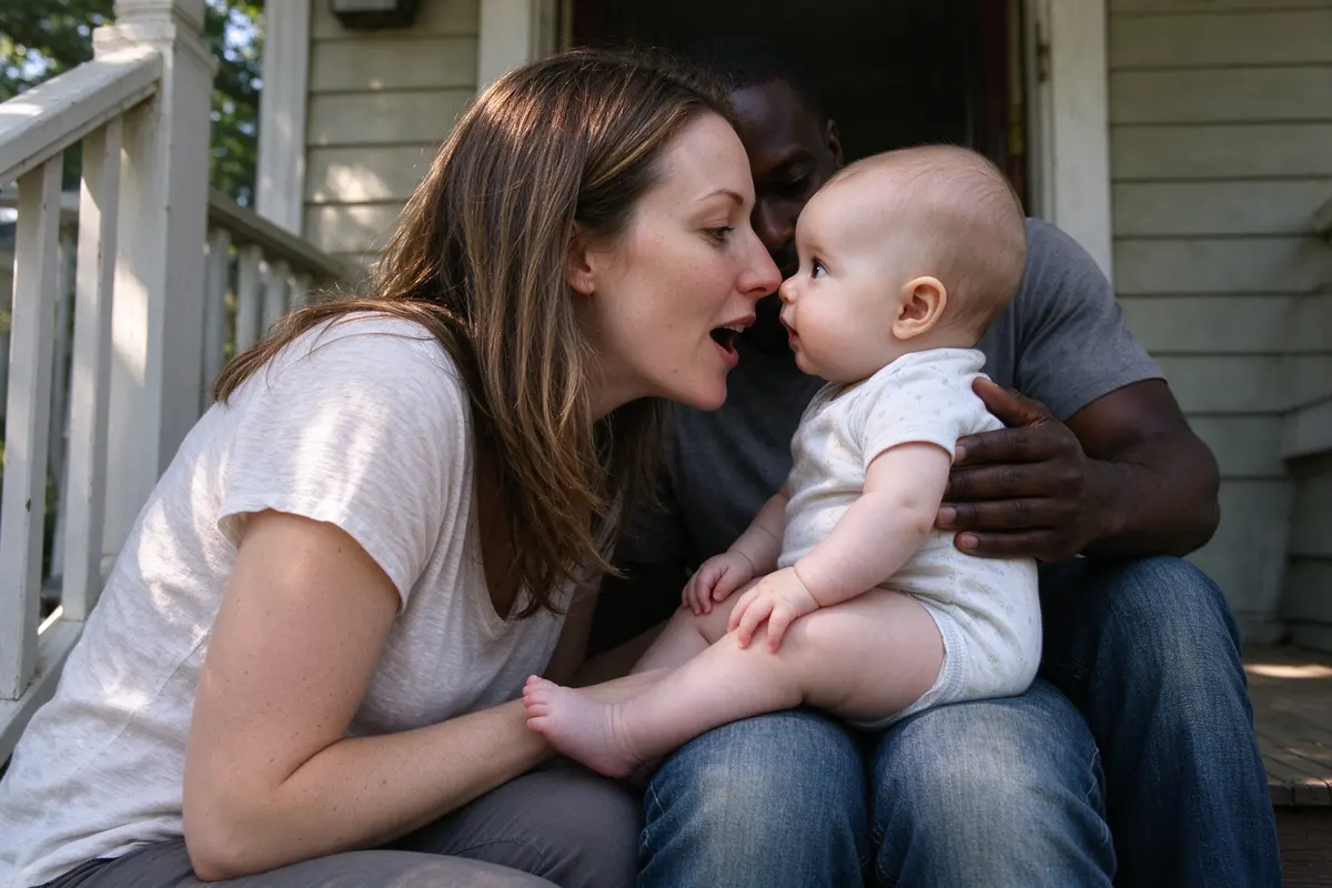 The mother on the porch step now, nose to nose with the baby on her knees, her mouth shaped in a 'ba,' the baby's eyes fixed on her lips, the father's hand on the baby's back.
