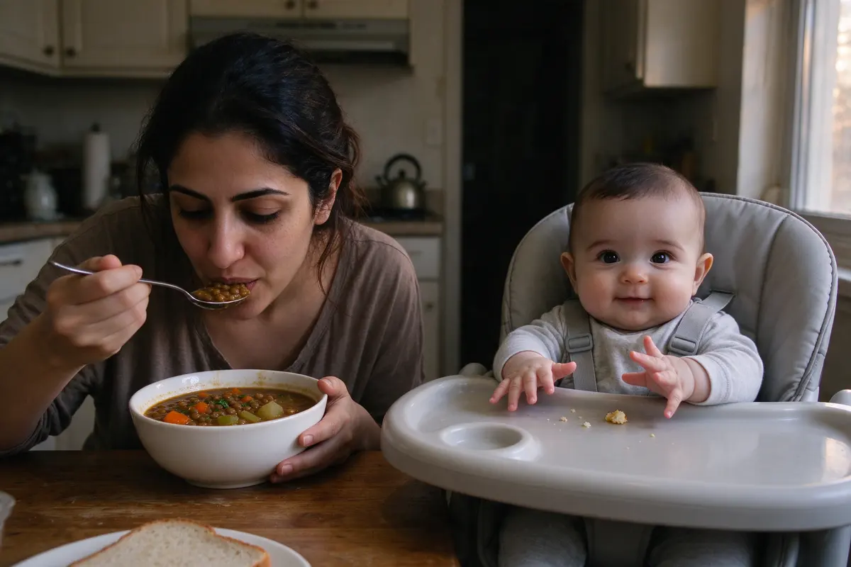 The mother eating a bowl of chunky lentil soup at the table with a slice of bread, the baby in the high chair beside her patting the tray, late-afternoon light.