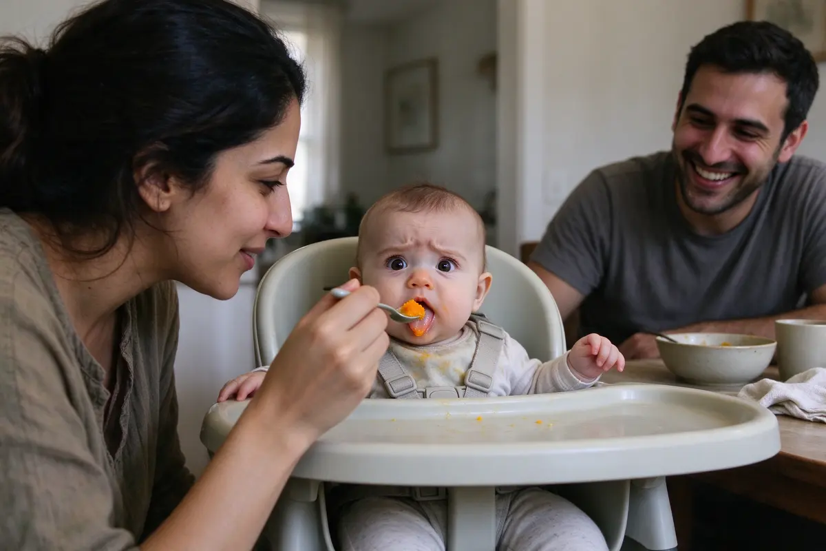 The baby in the buckled high chair with a lump of orange mash on the tongue and a startled frown, the mother's spoon paused in the air, the father grinning across the table.