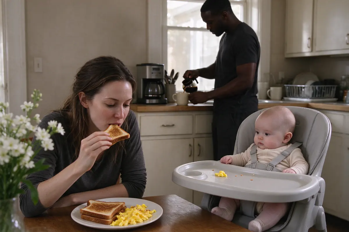 The mother eating toast and eggs at the table the next morning, the baby buckled in the high chair beside her with a few bits of egg on the tray, the father pouring coffee away from the table edge.