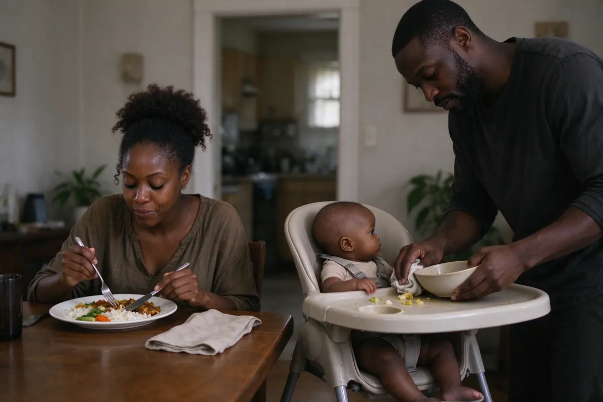The mother sitting down at the table with a full plate at last, the baby in the high chair beside her with mouth closed and head turned away, the father clearing the baby's tray.