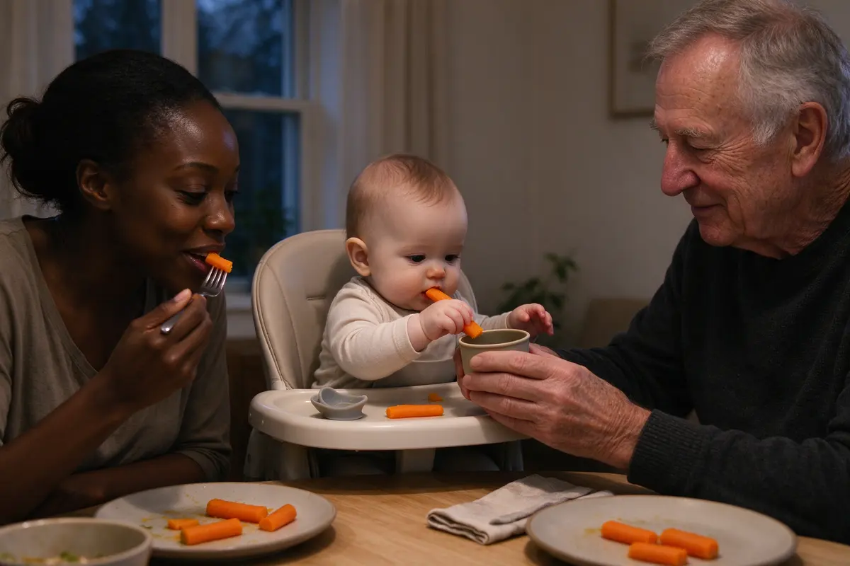 The baby in the high chair at table height raking a soft carrot piece toward the mouth while the mother eats the same carrots from her own plate and the grandfather passes a small open cup.