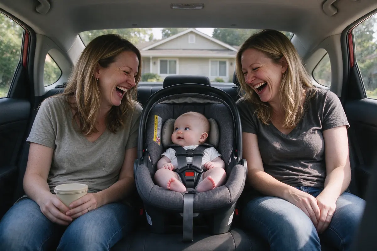 The two mothers in the back seat of a parked car with the baby buckled rear-facing between them, a snack container closed on one mother's lap, both laughing, house visible through the window.