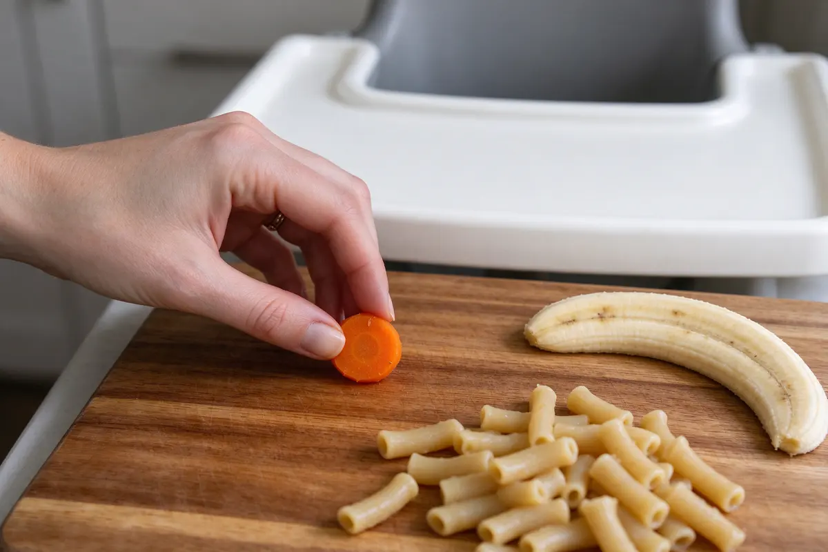 Close on the cutting board: a hand holding a small piece of cooked carrot against the nail of a little finger, strips of banana and soft pasta beside it, the baby's empty tray behind.